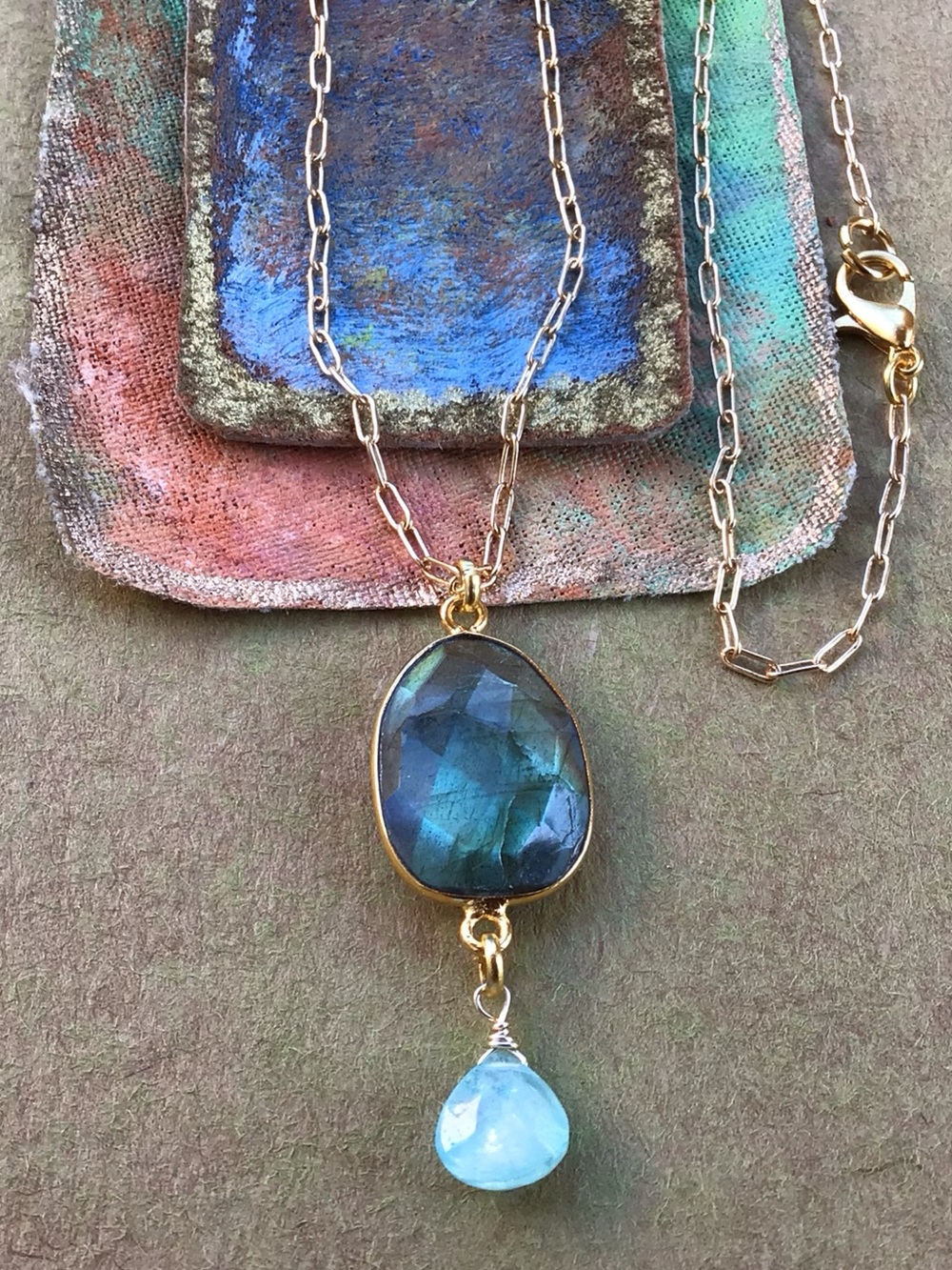Natural Labradorite Aquamarine Sundance Charm Necklace SALE